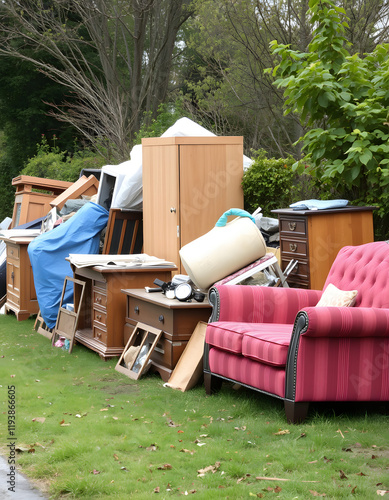 unwanted furniture and household items outside on nature strip grass, bulky waste rubbish collection going to landfill, isometry. isolated with white highlights