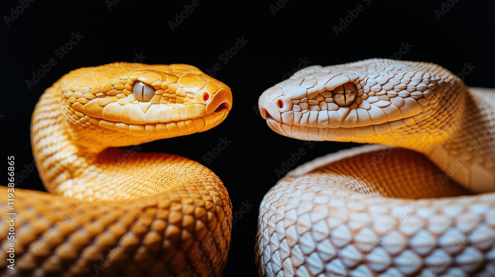 Fototapeta premium Year of snake themed, Coiled serpents in contrasting colors, glowing softly in dark
