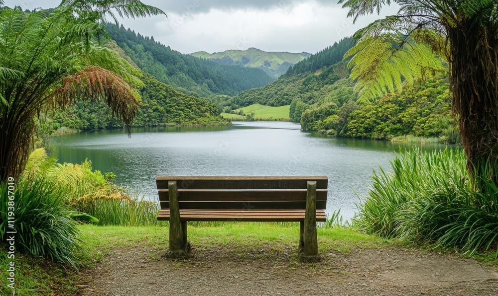 Wooden bench overlooking serene lake with lush greenery , natural beauty, nature scenery, rustic ambiance Wooden bench overlooking serene lake with lush greenery , natural beauty, nature scenery, rustic ambiance