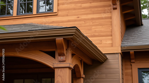 Craftsman Home Exterior: Wooden Architectural Details and Design. High-quality roofing and seamless gutters.  A picture of luxury, sustainability, and modern home design. photo