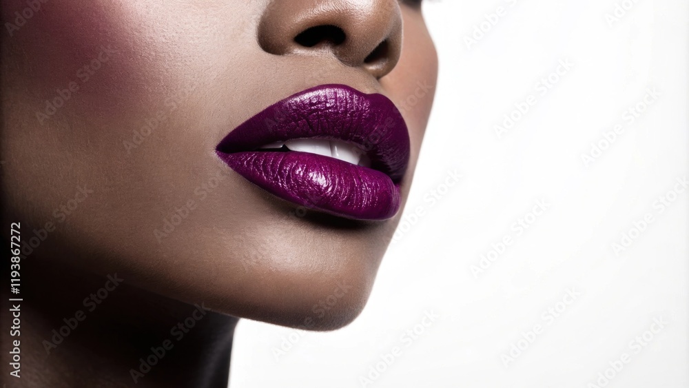 Obraz premium A striking image features a silhouette with deep plum lipstick that glistens against a white background. The stark contrast draws the eye to the lips which are the centerpiece of a