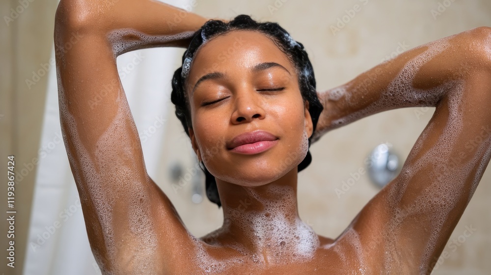 Naklejka premium A young Black woman enjoying a relaxing shower, lathered in bubbles, with her eyes closed and a serene expression, surrounded by a warm, soft ambiance.