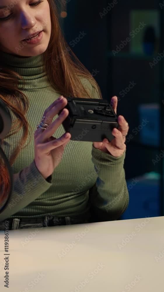 Vertical video Tech expert holding V mount battery ensuring ample power to fuel production equipment, showing it to subscribers. Gen Z influencer vouching for professional charging device brand Vertical video Tech expert holding V mount battery ensuring ample power to fuel production equipment, showing it to subscribers. Gen Z influencer vouching for professional charging device brand