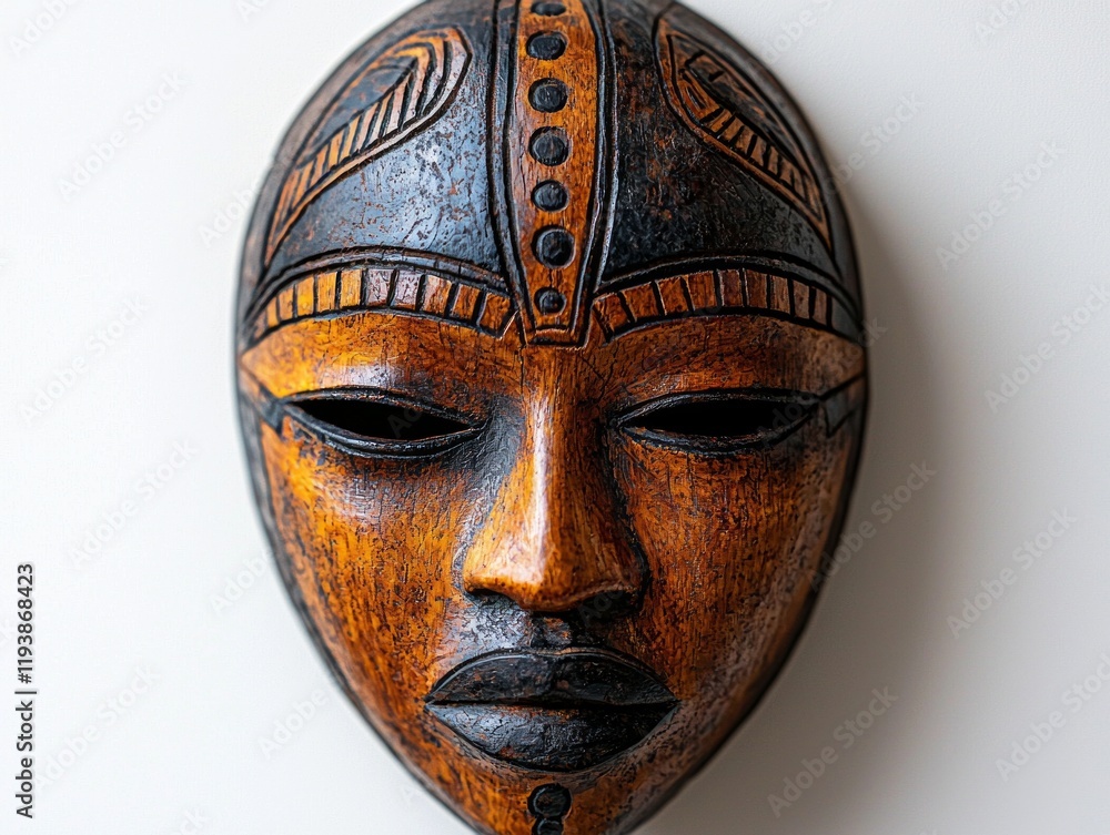 Hand carved wooden tribal mask showcases intricate patterns and earthy tones. natural wood texture beautifully contrasts clean white background. Hand carved wooden tribal mask showcases intricate patterns and earthy tones. natural wood texture beautifully contrasts clean white background.