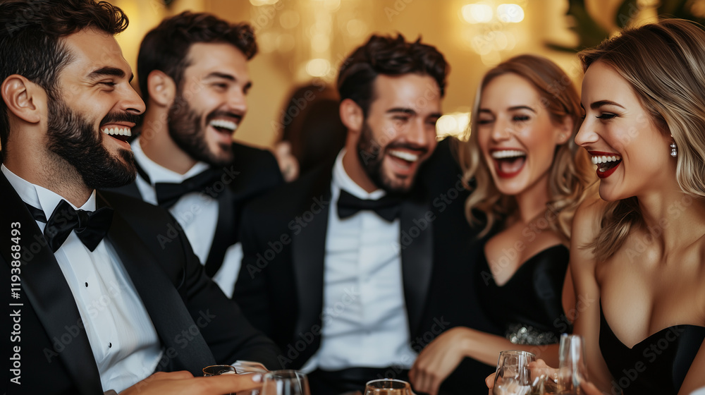 A group of friends dressed in tuxedos and evening gowns laughing and chatting during a sophisticated cocktail hour A group of friends dressed in tuxedos and evening gowns laughing and chatting during a sophisticated cocktail hour