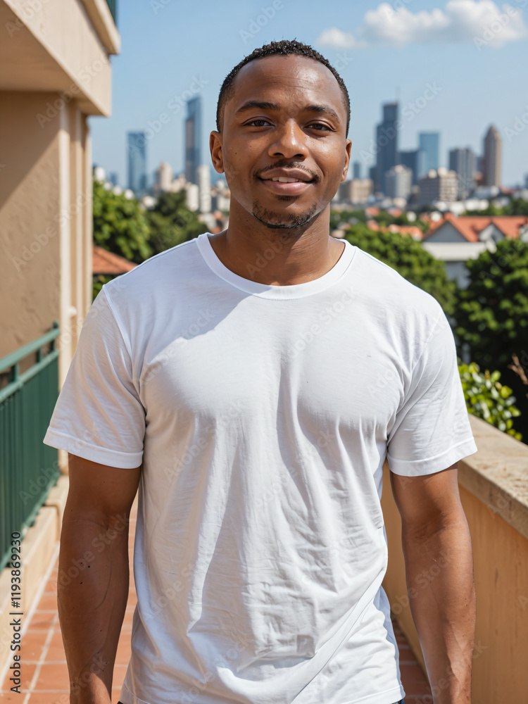 Fototapeta premium Retrato de hombre afroamericano con camiseta blanca en el exterior en el balcón