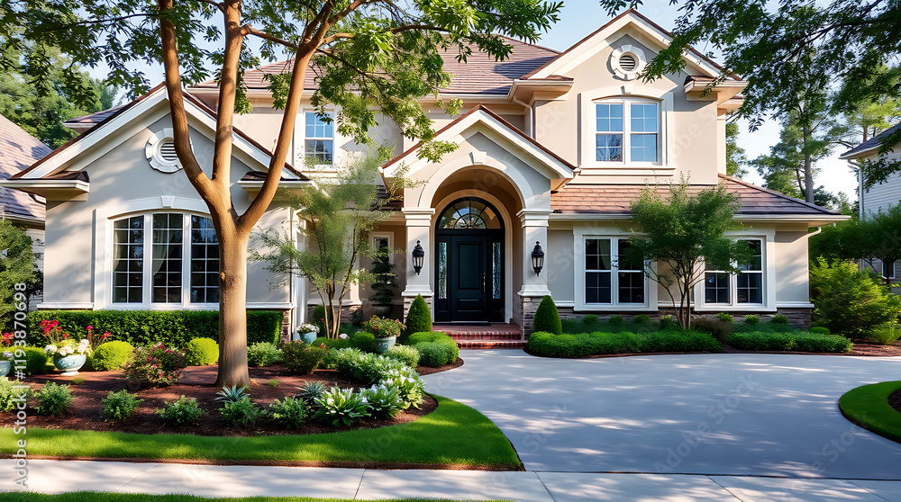 Obraz premium Luxury Home Exterior: Modern Architectural Design and Landscaping. Dream house with elegant facade, manicured gardens, and spacious driveway. Perfect curb appeal and stunning residential property.