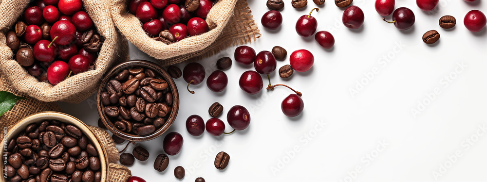 Coffee cherries and roasted beans arranged creatively on a clean white background for promotional purposes with empty space for text Coffee cherries and roasted beans arranged creatively on a clean white background for promotional purposes with empty space for text