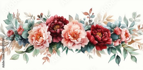 Wallpaper Mural Watercolor Floral Arrangement Peonies Eucalyptus Bright Lighting Deep Red Soft Pink Green Leaves Wedding Invitations Stationery Torontodigital.ca