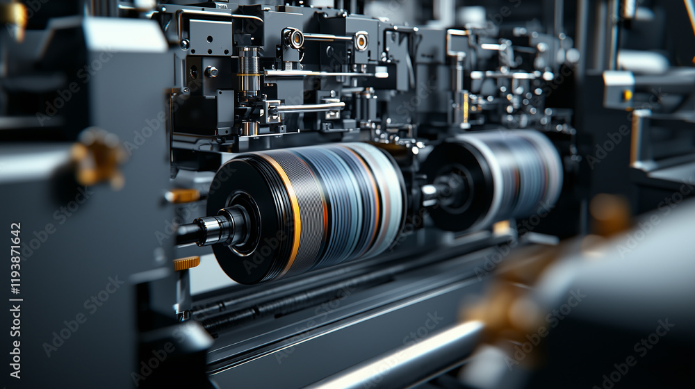 A high-tech printing press with multiple ink rollers working in sync to produce detailed prints A high-tech printing press with multiple ink rollers working in sync to produce detailed prints