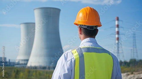 Obraz na płótnie Inspection of nuclear power plant operations by engineer in hard hat industrial site daytime professional viewpoint w salonie