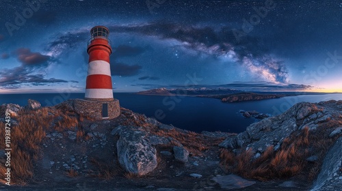 Coastal lighthouse under Milky Way at sunrise. photo