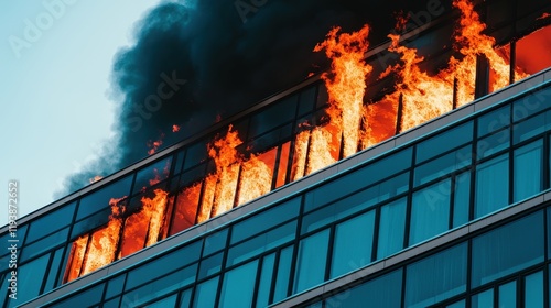 Fire emergency response urban high-rise building news coverage cityscape close-up view safety awareness photo