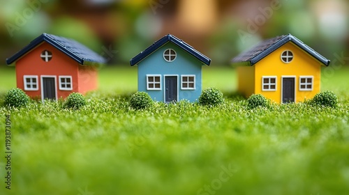 Wallpaper Mural Colorful miniature houses on green grass, blurred background. Torontodigital.ca