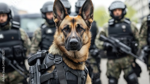 K9 unit training demonstration urban environment action scene law enforcement close-up canine security concept