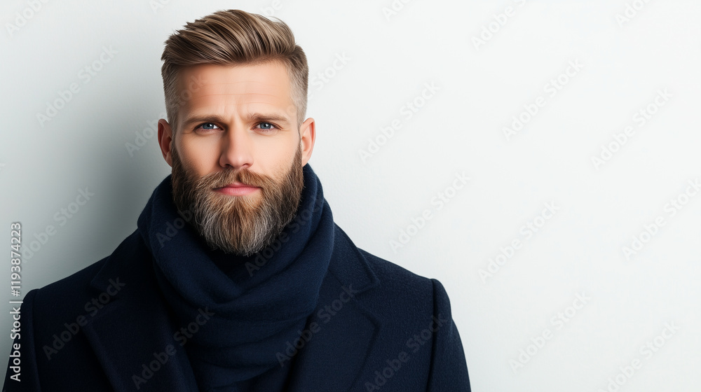 Fototapeta premium stylish man with beard wearing dark coat and scarf, exuding confidence and charm.