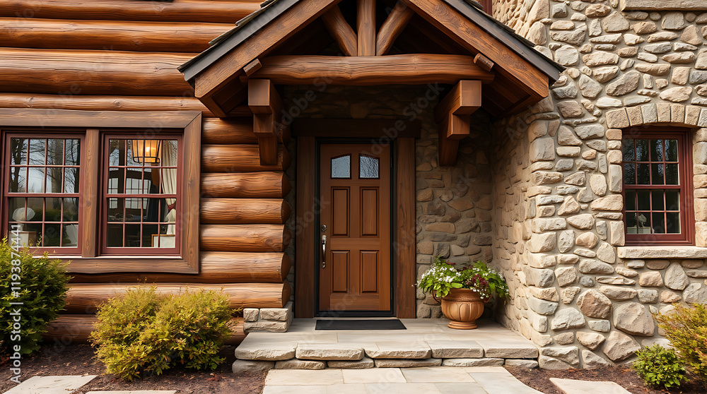 Rustic Log Cabin Home with Stone Exterior and Wooden Door Entrance. Cozy and inviting design with beautiful landscaping. Perfect for real estate listings and architectural inspiration. Rustic Log Cabin Home with Stone Exterior and Wooden Door Entrance. Cozy and inviting design with beautiful landscaping. Perfect for real estate listings and architectural inspiration.