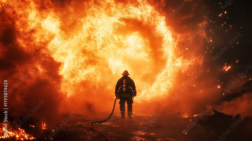 Fototapeta premium A heroic firefighter silhouetted against the flames as they carry a hose into a burning structure