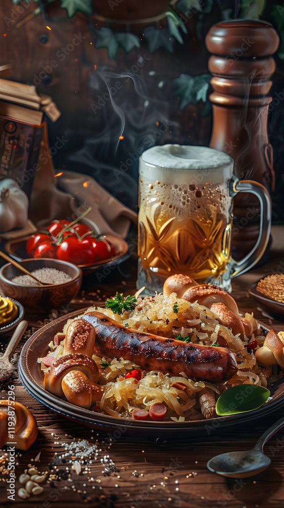 Delicious Traditional German Meal: Homemade Sauerkraut, Sausages, Pretzel, and a Mug of Beer on a Rustic Wooden Background Delicious Traditional German Meal: Homemade Sauerkraut, Sausages, Pretzel, and a Mug of Beer on a Rustic Wooden Background