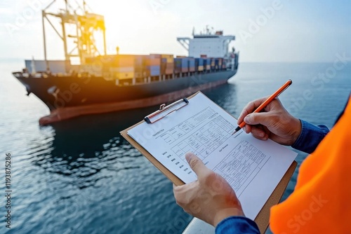 A shipping worker inspects cargo while taking notes on a clipboard next to a container ship at sea during sunset. © Moopingz