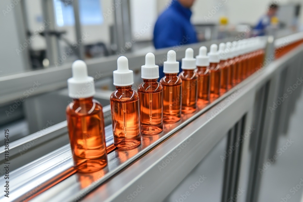 Bottles of liquid with droppers are lined up on a conveyor belt in a manufacturing facility. Bottles of liquid with droppers are lined up on a conveyor belt in a manufacturing facility.