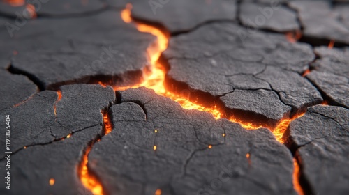 Fototapeta Naklejka Na Ścianę i Meble -  A close-up view of cracked, dry earth revealing glowing lava underneath, showcasing a dramatic contrast of textures and colors.