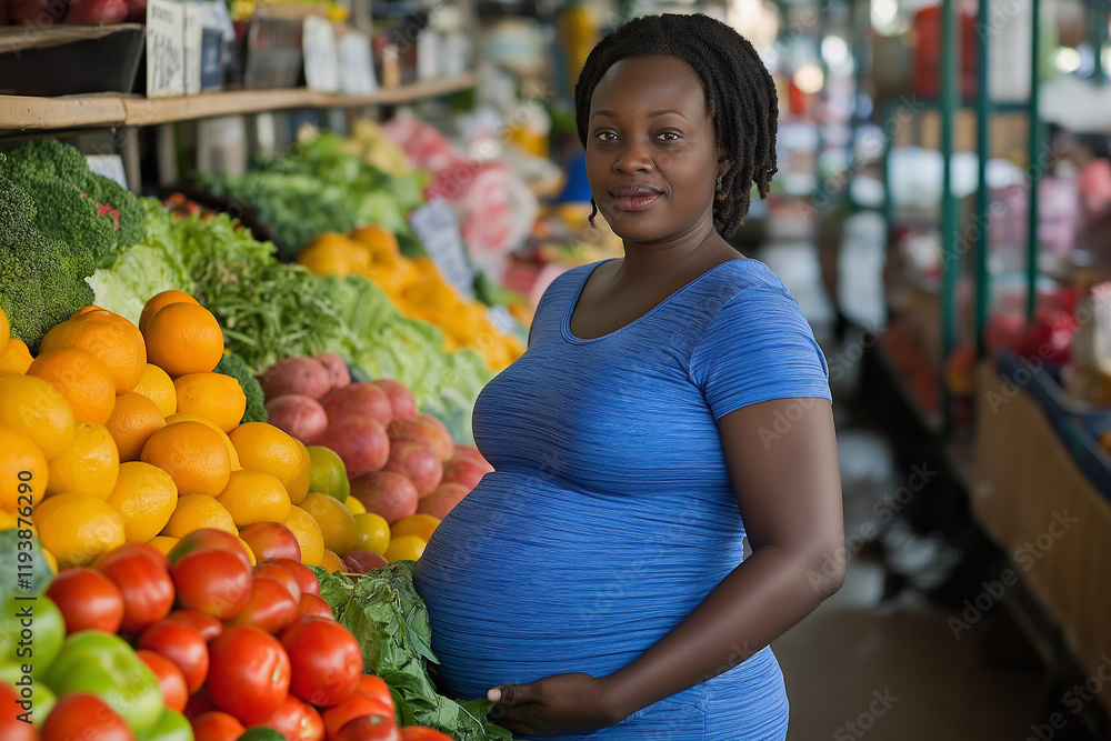 A pregnant African woman in a blue shirt shopping at a market stall filled with fresh fruits and vegetables, smiling confidently A pregnant African woman in a blue shirt shopping at a market stall filled with fresh fruits and vegetables, smiling confidently