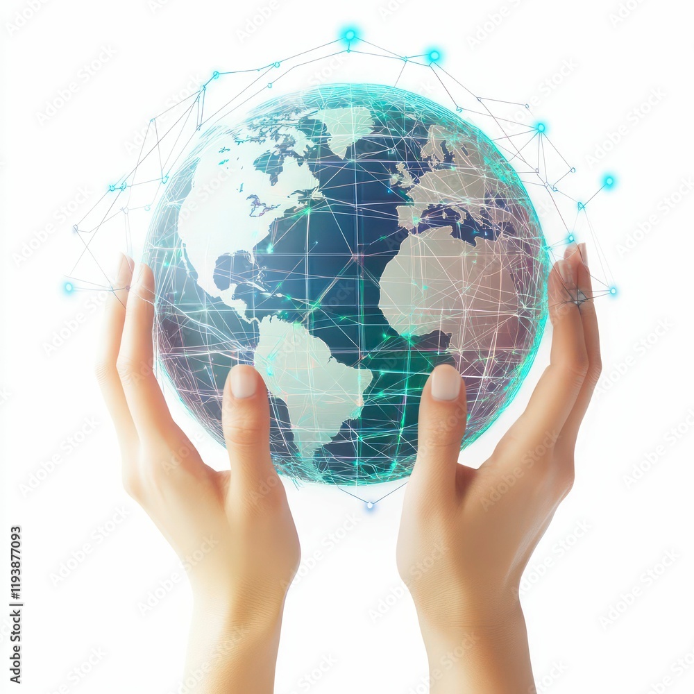 Two hands holding a digital globe with interconnected lines and data points, symbolizing the modern world, global connectivity, and technology. Two hands holding a digital globe with interconnected lines and data points, symbolizing the modern world, global connectivity, and technology.