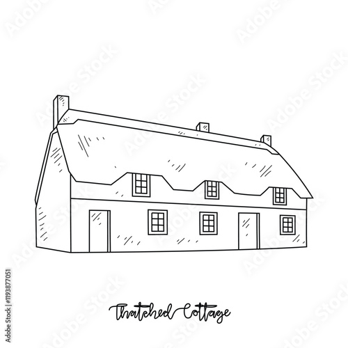 Simple sketch drawing of Thatched Cottage Traditional House vector illustration. Traditional House in simple linear style vector design concept. Old architectural design great for education purpose