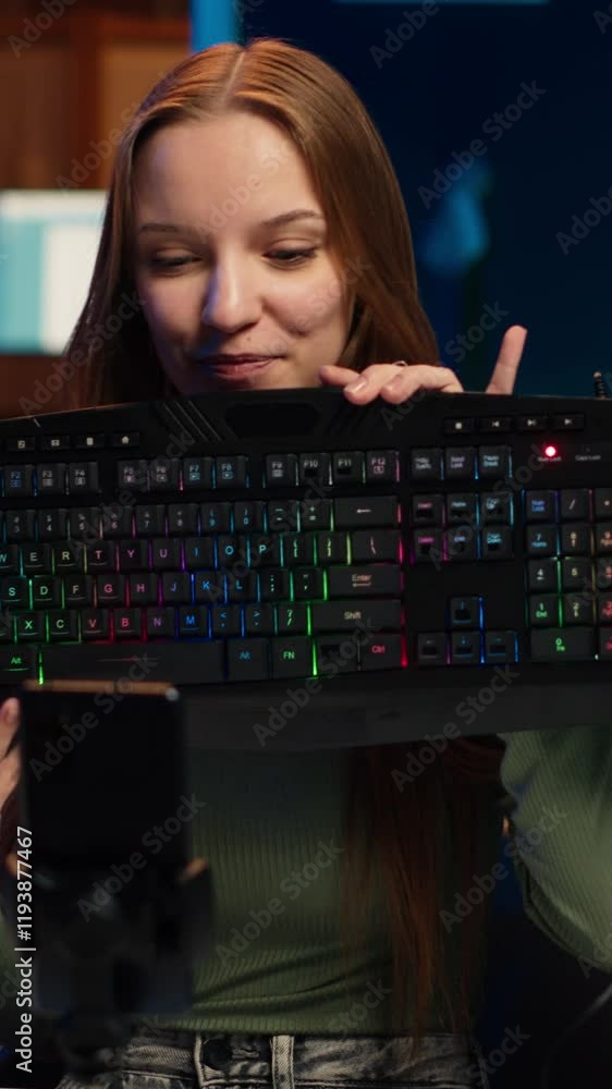 Vertical video Gen Z girl presenting RGB lit mouse and keyboard while ...