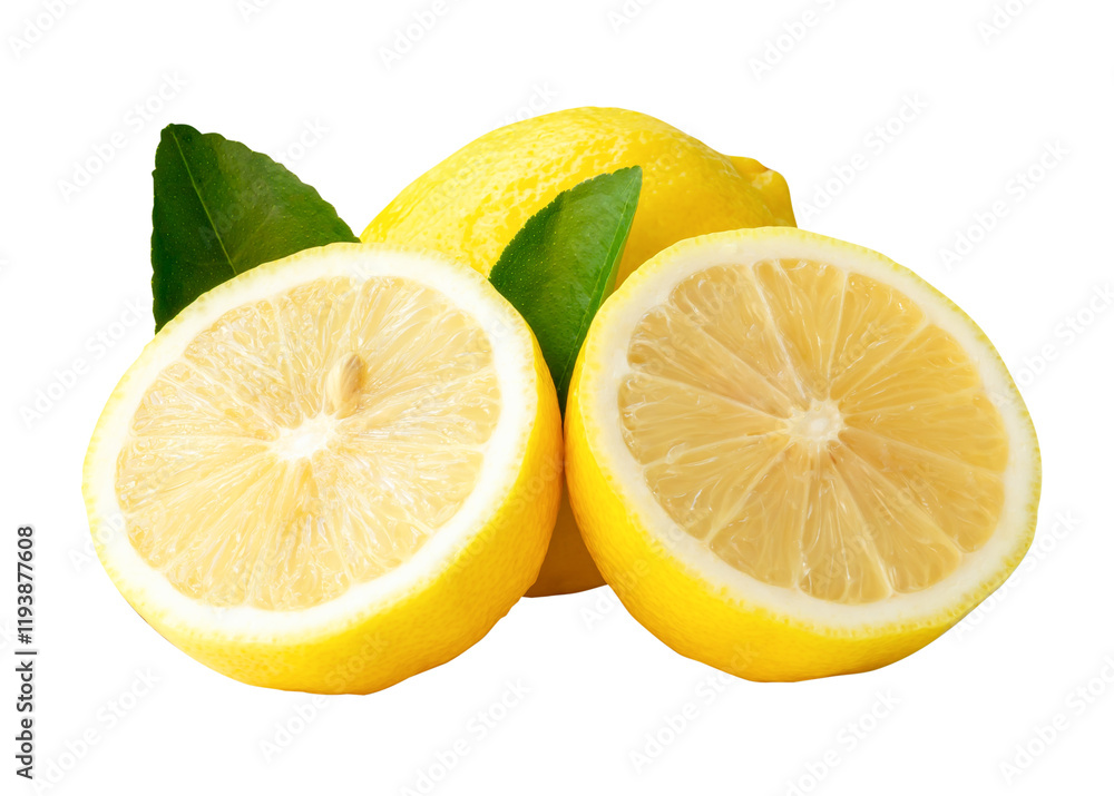 Side view of fresh ripe yellow lemon fruit with two halves and green leaves isolated with clipping path in png file format Side view of fresh ripe yellow lemon fruit with two halves and green leaves isolated with clipping path in png file format