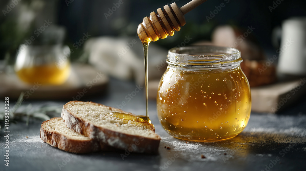 A close-up of a glass jar filled with golden honey, with a wooden dipper dripping honey onto fresh bread A close-up of a glass jar filled with golden honey, with a wooden dipper dripping honey onto fresh bread