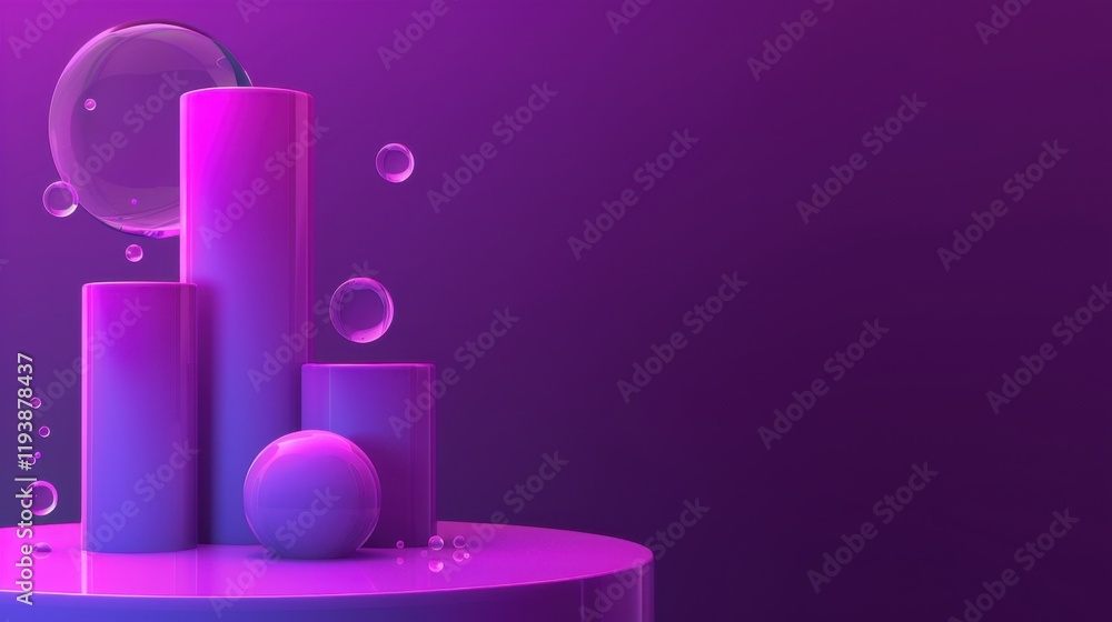 Modern abstract composition with geometric shapes in purple tones, featuring cylinders, sphere, and bubbles, creating vibrant and playful atmosphere