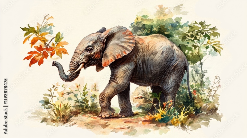 Fototapeta premium Elephant walking through a lush forest with colorful foliage in a vibrant artistic illustration. Generative AI