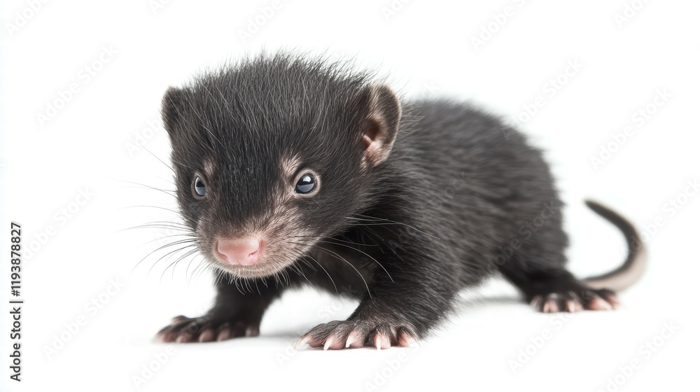 Playful baby skunk white background animal photography indoor studio close-up adorable tail raised Playful baby skunk white background animal photography indoor studio close-up adorable tail raised