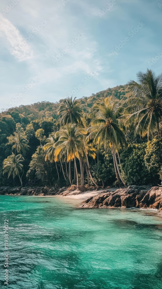 Obraz premium Tropical beach with palm trees and turquoise water in the ocean. Paradise island on a sunny day. Trip, travel and vacation concept