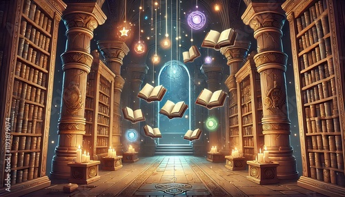 Fantasy Library with Hovering Books