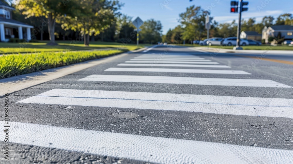 Obraz premium close up view of crosswalk on suburban street, showcasing white stripes against asphalt. scene is bright and inviting, with trees and houses in background