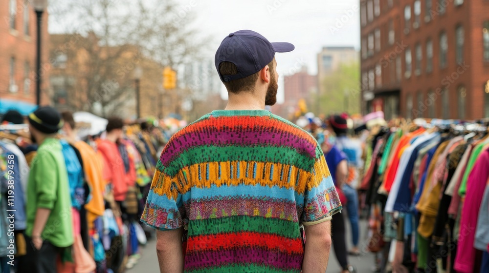 Fototapeta premium Vibrant Street Market Fashion with Man in Colorful Shirt