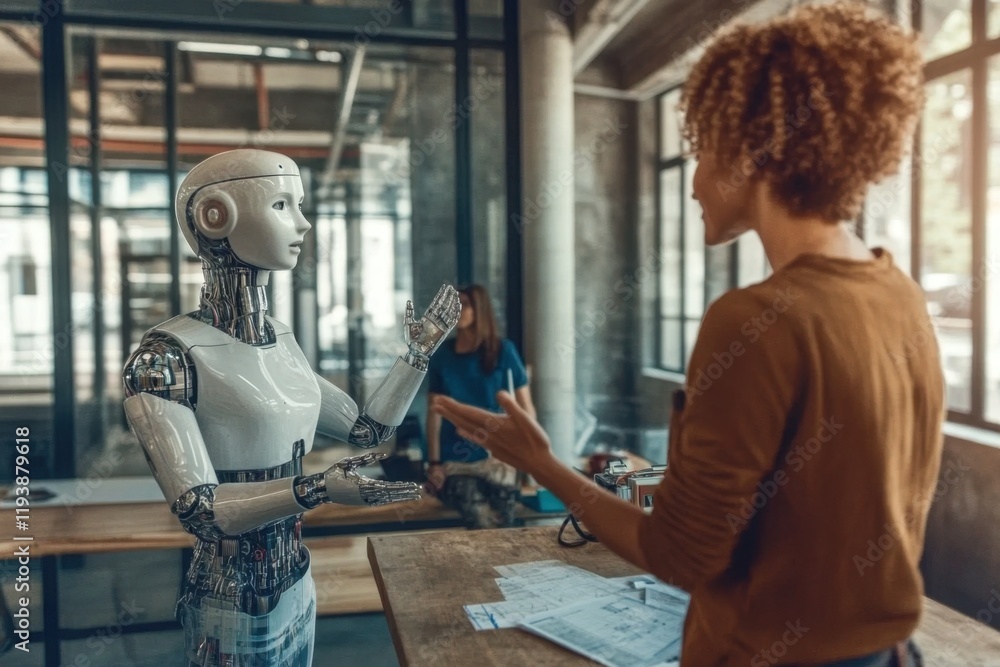 Fototapeta premium A robot works and helps a person with office tasks. Generative AI