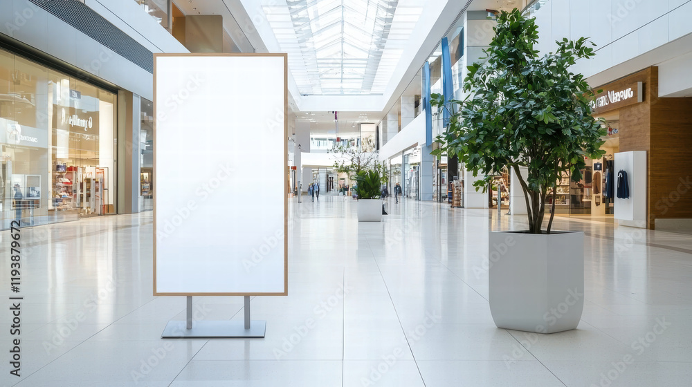 Blank advertisement board in sleek shopping center with plants Blank advertisement board in sleek shopping center with plants