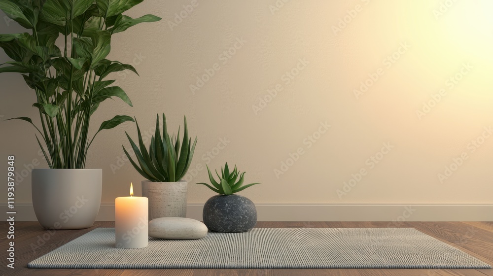 Fototapeta premium Relaxing meditation setup with plants candle and mat in serene indoor space