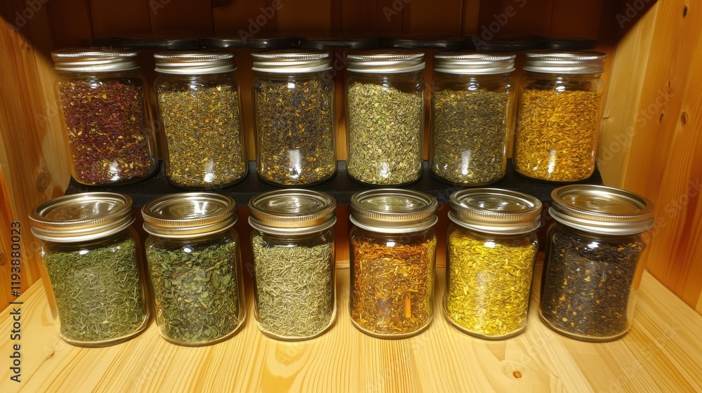 Neatly Organized Jars of Dried Herbs in a Cozy Pantry Setting with Medium Perspective and Soft Diffused Lighting for a Warm Atmosphere Neatly Organized Jars of Dried Herbs in a Cozy Pantry Setting with Medium Perspective and Soft Diffused Lighting for a Warm Atmosphere