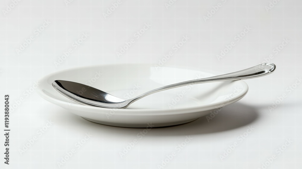 Spoon resting diagonally over ceramic plate table setting food presentation clean white background top view culinary art Spoon resting diagonally over ceramic plate table setting food presentation clean white background top view culinary art