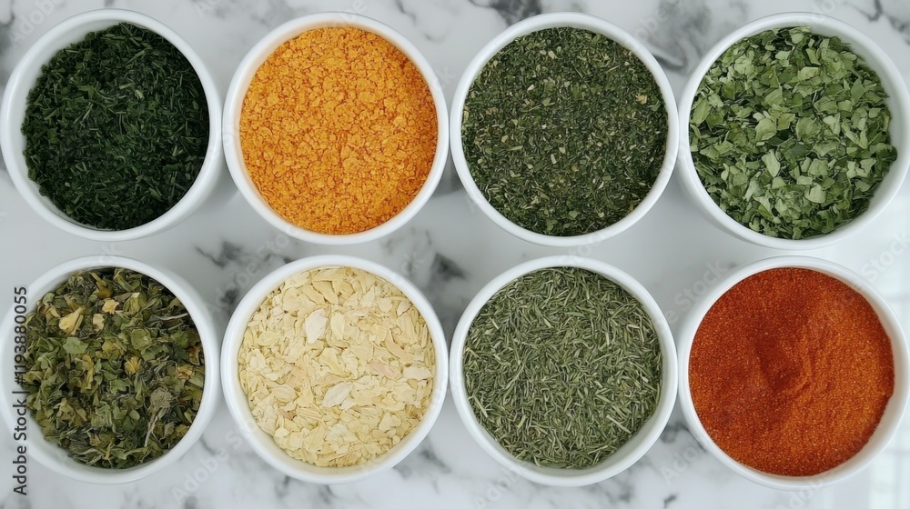 Overhead View of Organized Kitchen Workspace Featuring Various Dried Herbs in Small White Bowls on a Neutral Background with Soft Lighting Overhead View of Organized Kitchen Workspace Featuring Various Dried Herbs in Small White Bowls on a Neutral Background with Soft Lighting