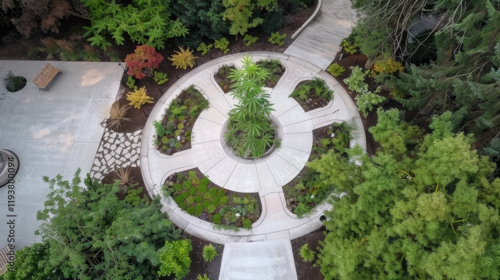 Aerial view of circular garden design featuring central plant surrounded by neatly arranged greenery and pathways, creating serene outdoor space Aerial view of circular garden design featuring central plant surrounded by neatly arranged greenery and pathways, creating serene outdoor space