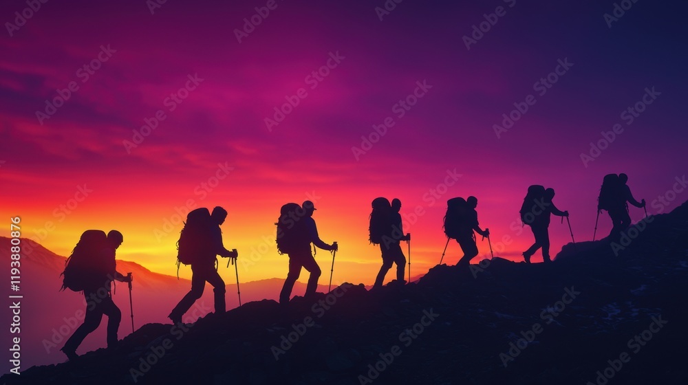 Fototapeta premium Silhouette of Hikers Ascending Mountain at Sunrise and Colorful Sky