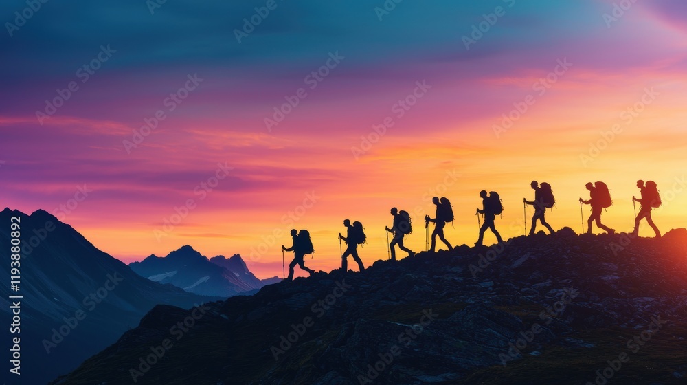Fototapeta premium Adventurers Hiking Silhouetted Against a Colorful Sunset Sky