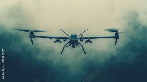 Drone flying in smoky sky, potential surveillance or industrial use. photo