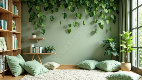 Mossy green leaves cascade from above, creating an enchanting indoor oasis framed by rustic wood shelving and a cozy bookcase on one side. Warm light softens the tranquil scene